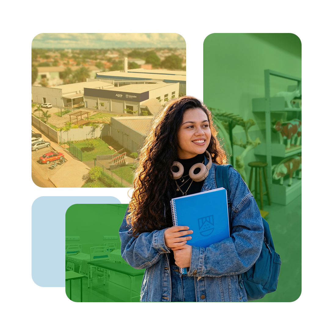 Estudante com material da Uniube em composição com estrutura acadêmica